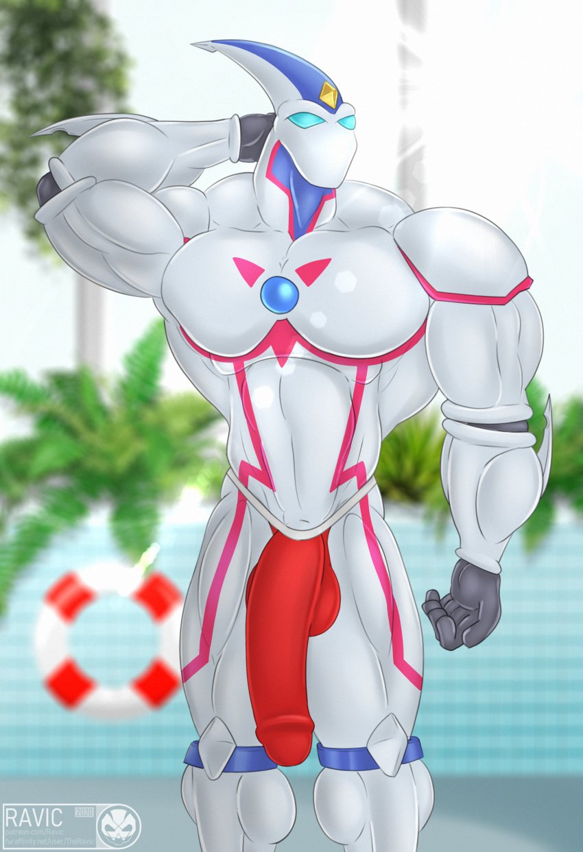 balls bara big_penis bulge elemental_hero_neos flaccid jockstrap male male_only mouthless muscles muscular non-human penis solo solo_male theravic white_body yu-gi-oh!