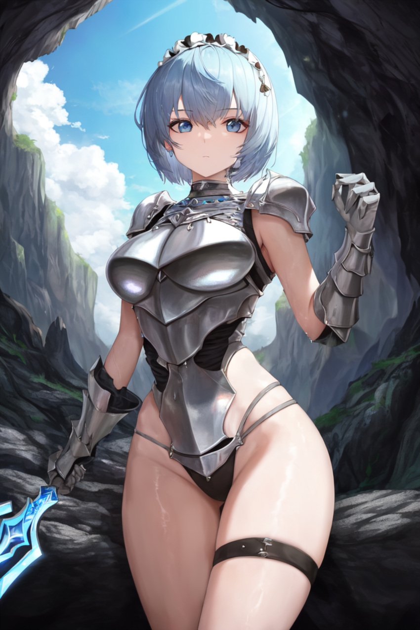 1girls ai_generated big_breasts blue_eyes breasts female female_armor female_warrior light-skinned_female looking_at_viewer maid maid_headdress short_hair slender solo solo_female solo_focus sword warrior weapon