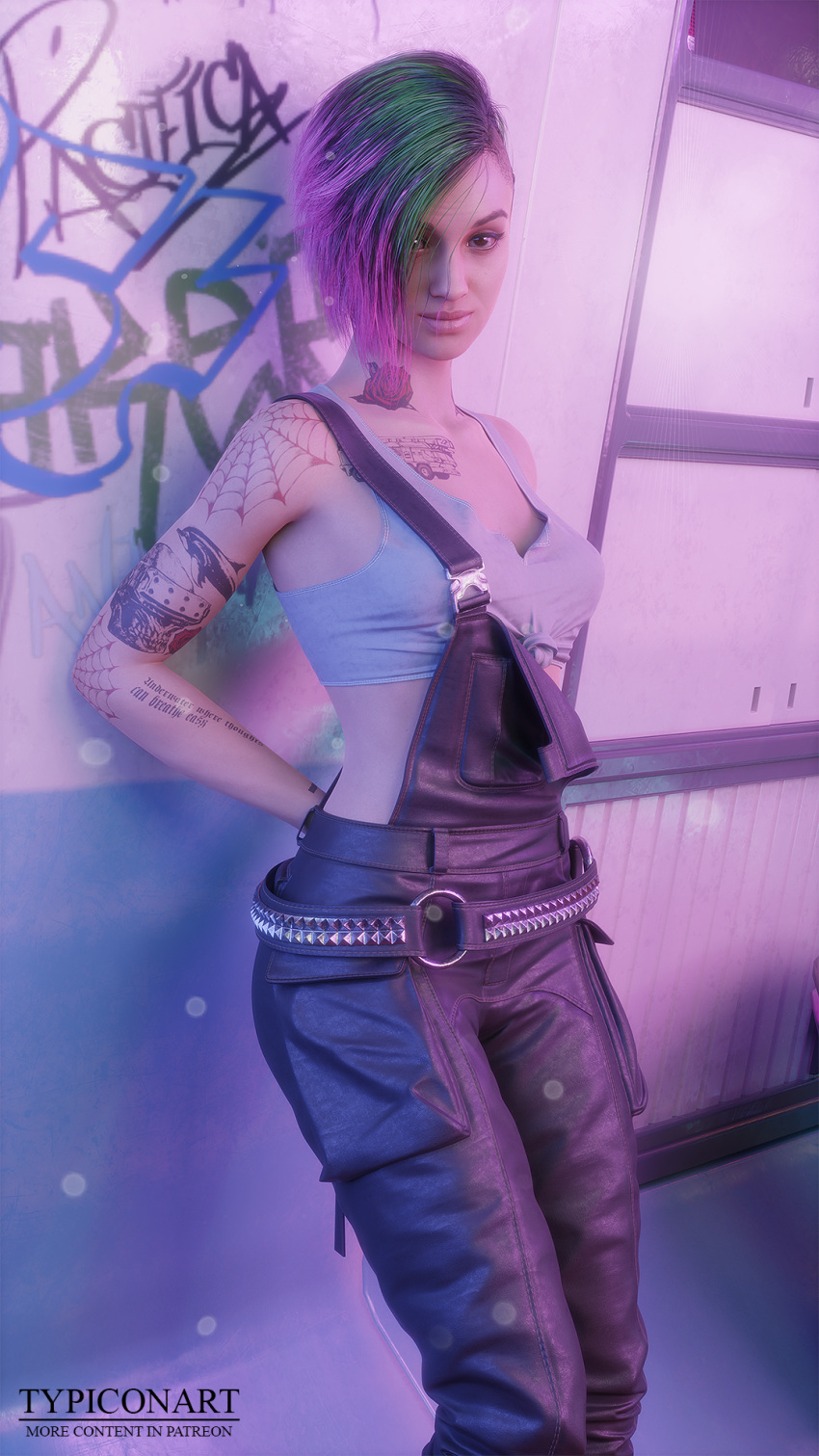 3d 3d_(artwork) blender blender_(software) blender_cycles clothed cyberpunk cyberpunk_2077 judy_alvarez smile smiley_face solo solo_female standing streetwear typiconart