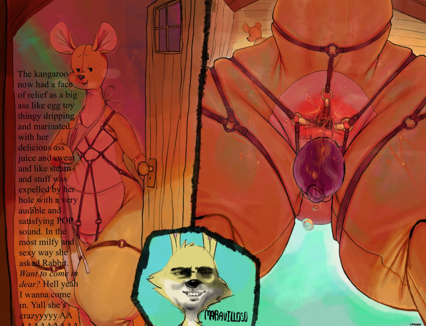 anal_juice anal_toy anthro anus apron apron_only ass big_anus big_butt bodily_fluids clothing dialogue disney female gaping gaping_anus genitals harness hi_res kanga kangaroo macropod male mammal marsupial mature_female mostly_nude musk plushie pussy rabbit_(winnie_the_pooh) relieved smashmat smooth_skin solo spread_anus spreading steam sweat thick_thighs tongue tongue_out wide_hips winnie_the_pooh_(franchise)