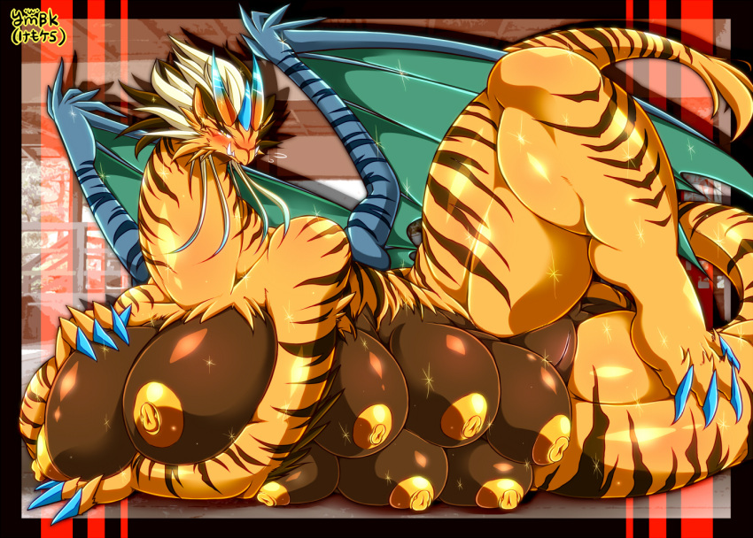 8_breasts anthro areola big_breasts blush breasts claws dragon duel_monster female fur genitals hair horn konami looking_at_viewer multi_breast multi_nipple nipples nude pussy solo tiger_dragon_(yu-gi-oh!) wings ymbk yu-gi-oh!