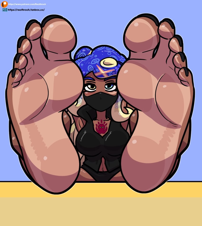 bana_(oc) banafrit barefoot big_feet black_toenail_polish black_toenails blank_stare blue_hair dark-skinned_female feet foot_fetish foot_focus heterochromia looking_at_viewer oc octoling octoling_girl original_character reathroch scar_on_cheek shoes_removed soles splatoon splatoon_(series) tattoos tentacle_hair toenail_polish toenails two_toned_soles