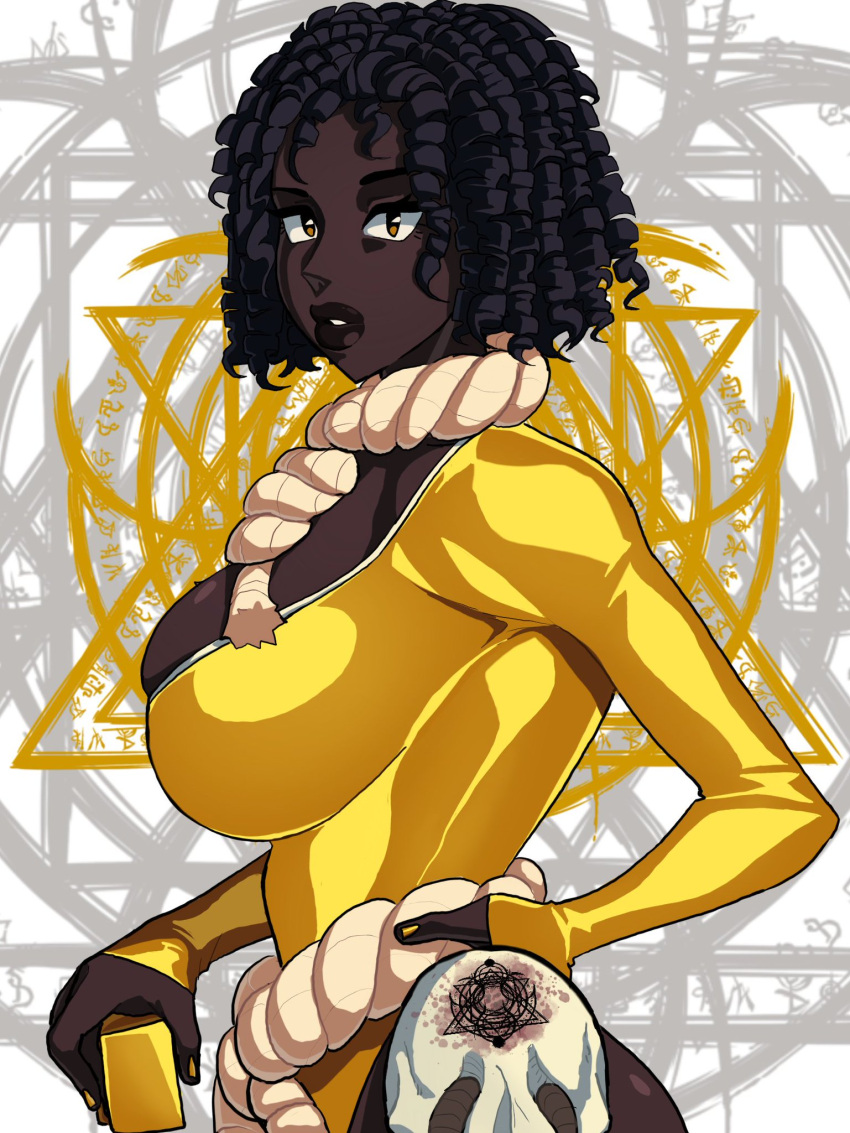 big_breasts black_hair breasts brown_eyes clothed clothing curly_hair dark dark-skinned_female dark_skin hair looking_at_viewer magistrada mask ordem_paranormal