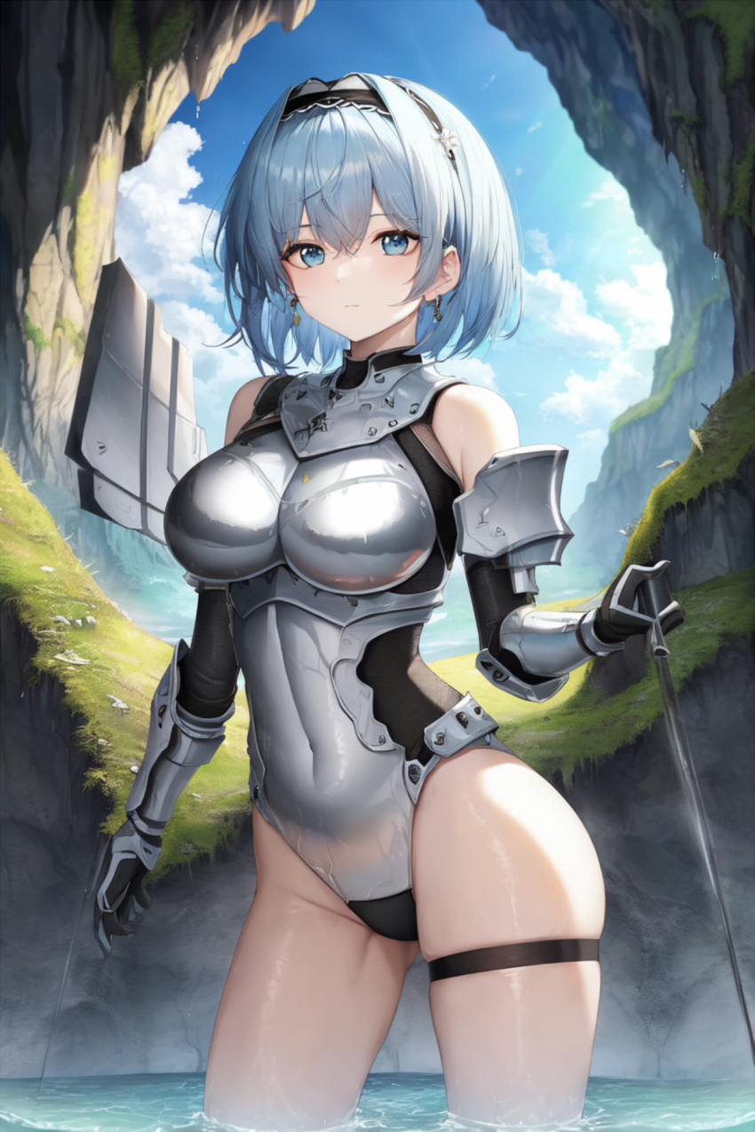 1girls ai_generated big_breasts blue_eyes breasts female female_armor female_warrior light-skinned_female looking_at_viewer maid maid_headdress short_hair slender solo solo_female solo_focus sword warrior weapon