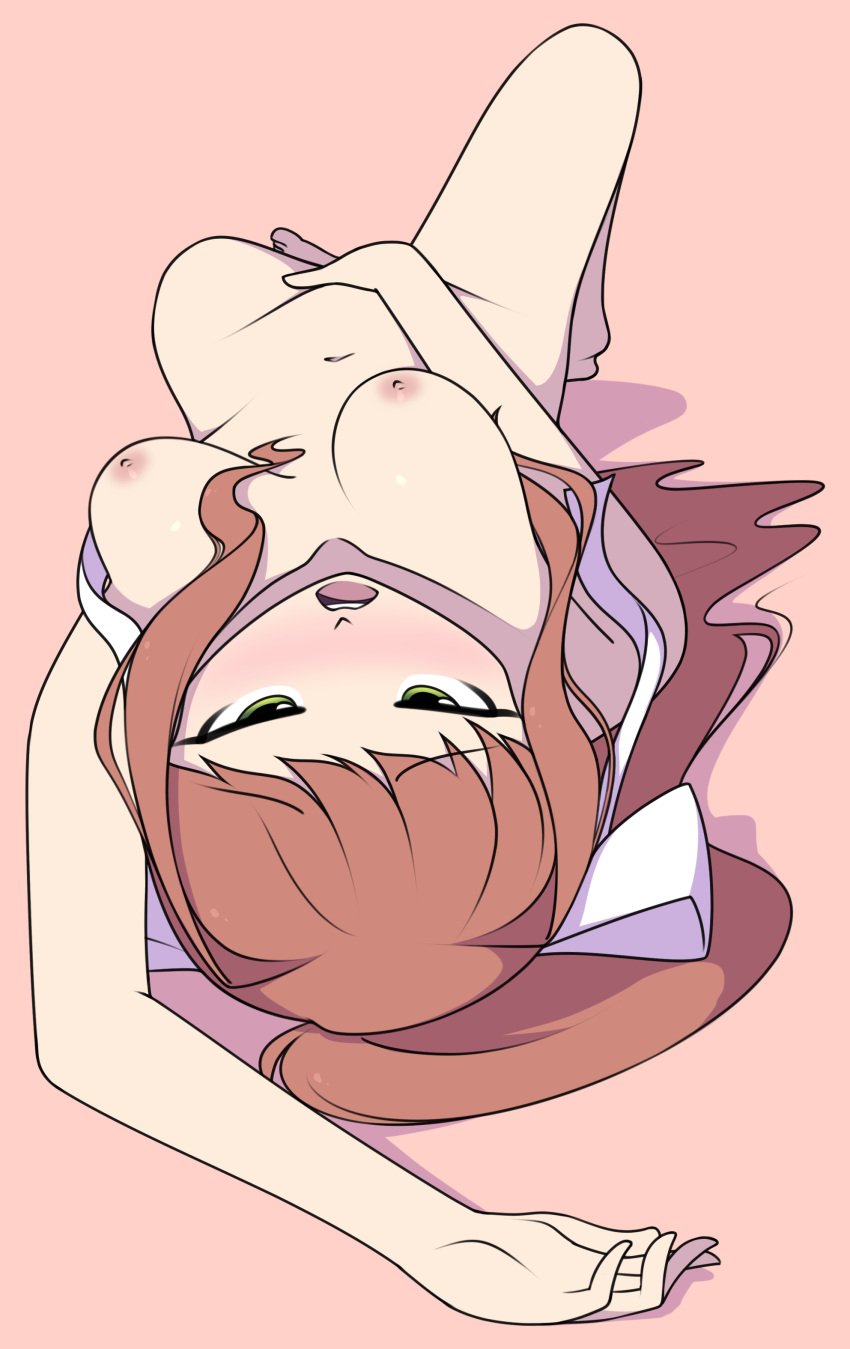 1girls 5_fingers blush breasts doki_doki_literature_club female female_masturbation furrgroup green_eyes long_hair masturbation monika_(doki_doki_literature_club) nipples pink_background unknown_source