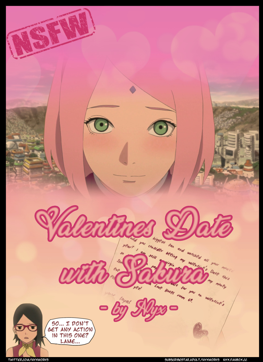 2girls boruto:_naruto_next_generations comic cover_page english_text female female_only human multiple_girls naruto naruto_(series) nyxworks sakura_haruno sarada_uchiha tagme text valentine's_day