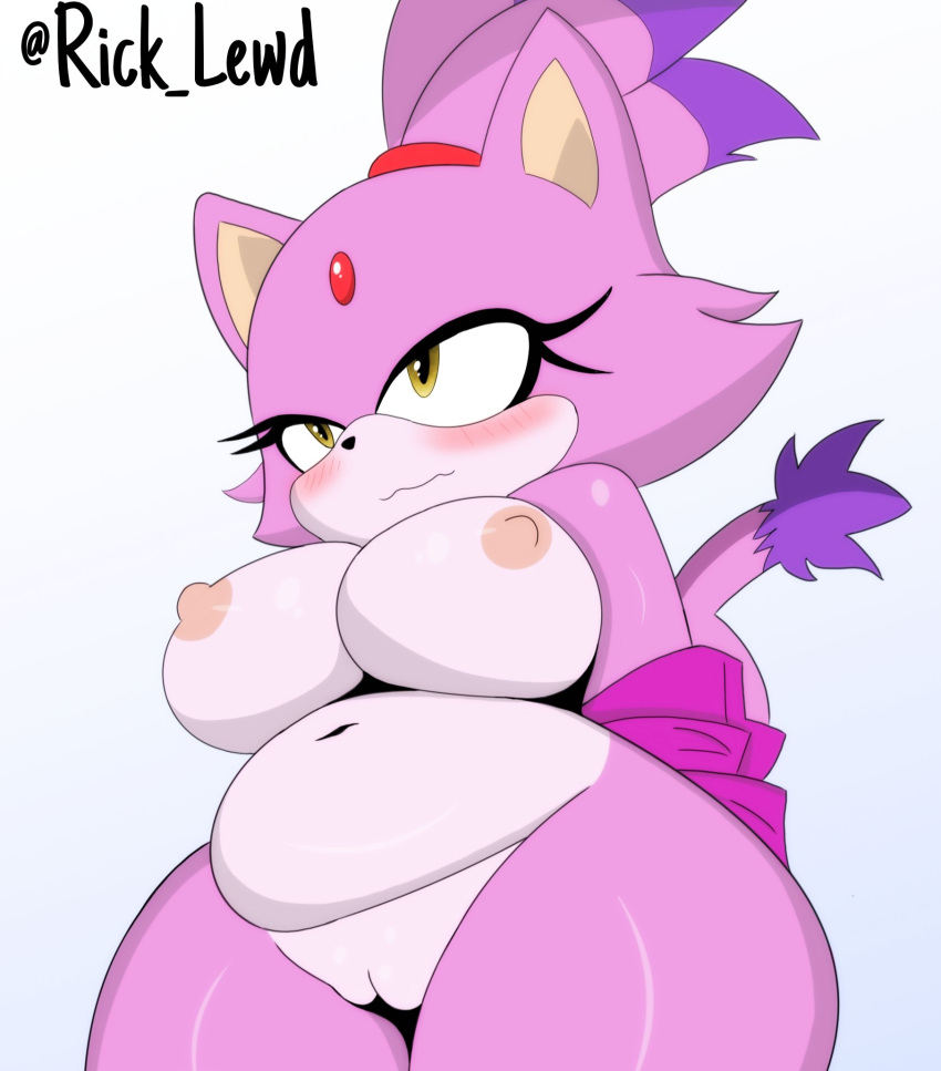 anthro big_breasts blaze_the_cat blush breasts chubby_female embarrassed eyelashes felid feline female fur hi_res mammal purple_body purple_fur rick_amv rick_lewd rickamv sega solo sonic_(series) sonic_the_hedgehog_(series) thick_thighs yellow_eyes