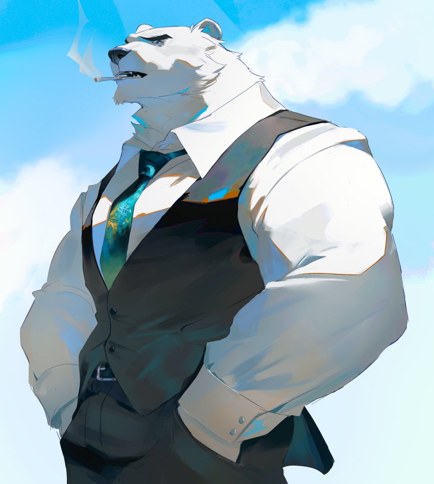 bear bear_ears blue_eyes cigarette cigarette_in_mouth clothed cloud furry furry_only male_only muscles muscles_through_clothes muscular_male musculmuscles_through_clothes polar_bear sky smoking solo solo_male suit suit_and_tie tie vest white_body white_skin