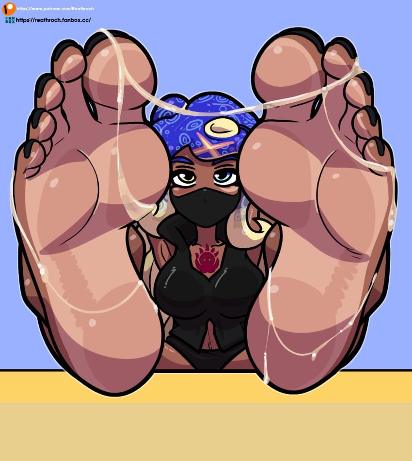 bana_(oc) barefoot big_feet black_toenail_polish black_toenails blank_stare blue_hair cum cum_on_feet cum_on_soles dark-skinned_female feet foot_fetish foot_focus heterochromia looking_at_viewer oc octoling octoling_girl original_character reathroch scar_on_cheek shoes_removed soles splatoon splatoon_(series) tattoos tentacle_hair toenail_polish toenails two_toned_soles