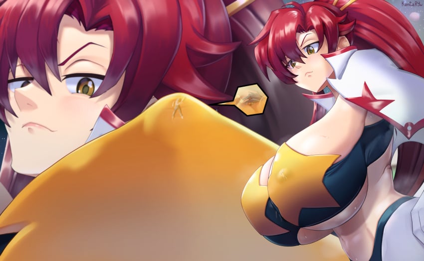 1boy 1girls clothes clothing_entrapment color female giantess kamina kentaryu larger_female macro midriff nipple_bulge ponytail red_hair revealing size_difference smaller_male space_yoko tengen_toppa_gurren_lagann underboob yoko_littner