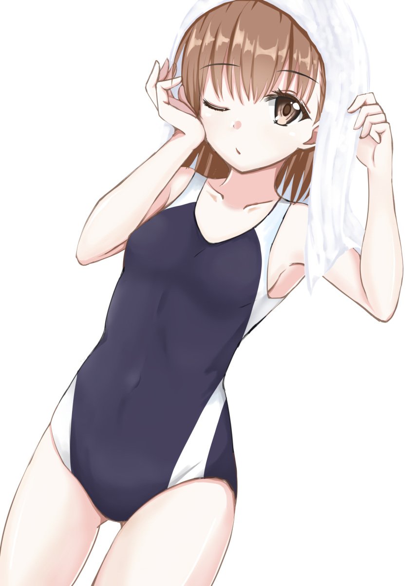 1girls 2020 2020s 3535mb armpits ass_visible_through_thighs black_one-piece_swimsuit breasts brown_eyes brown_hair collarbone competition_swimsuit dutch_angle gluteal_fold hi_res looking_at_viewer matching_hair/eyes misaka_mikoto one-piece_swimsuit one_eye_closed school_swimsuit short_hair small_breasts solo standing swimsuit teenage_girl teenager to_aru_kagaku_no_railgun to_aru_majutsu_no_index tokiwadai_school_swimsuit towel towel_on_head white_background white_towel young