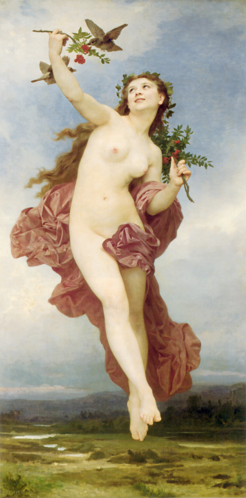 1girls bird brown_hair covered_pussy day_(1881) exposed_breasts female fine_art forest fruit greek_mythology hemera laurel laurel_crown laurel_wreath light-skinned_female light_skin long_hair medium_breasts public_domain william-adolphe_bouguereau