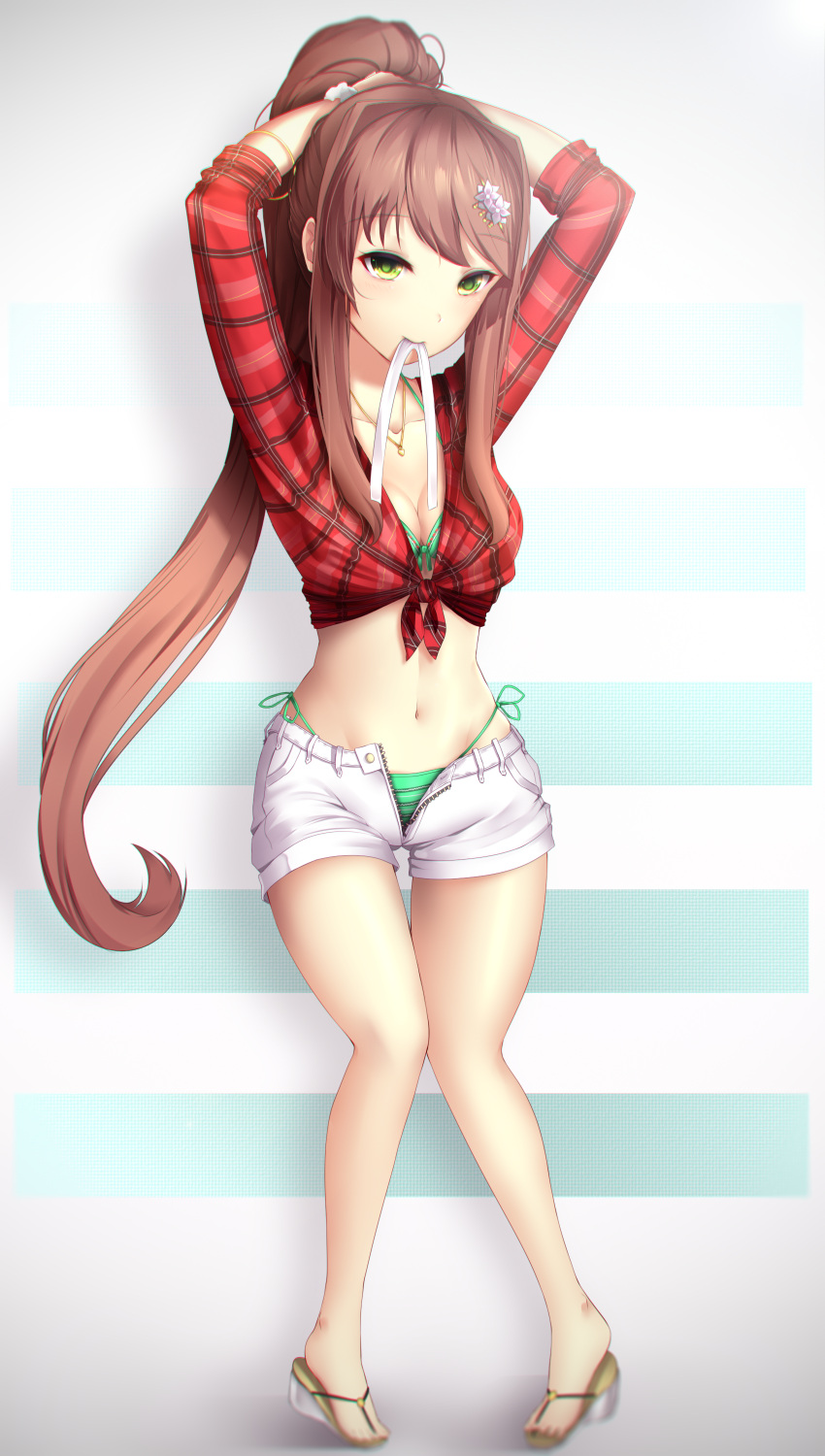 1girls bikini bikini_under_clothes bracelet breasts brown_hair doki_doki_literature_club front-tie_top green_bikini green_eyes green_swimsuit hair_ornament looking_at_viewer medium_breasts midriff monika_(doki_doki_literature_club) mouth_hold navel necklace plaid plaid_shirt ponytail ribbon ribbon_in_mouth sandals shirt short_shorts shorts side-tie_bikini side-tie_swimsuit striped_bikini striped_swimsuit swimsuit swimsuit_under_clothes tsukimaru tying_hair unbuttoned_shorts unzipped_shorts white_shorts wrist_scrunchie