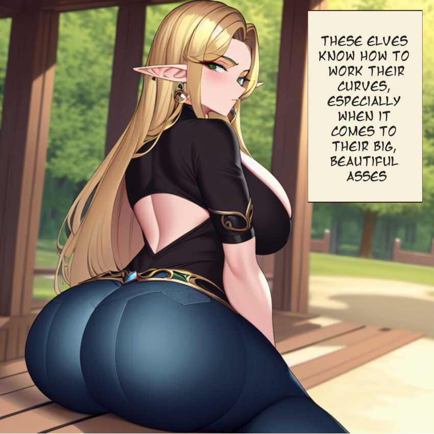 1girls ai_generated alborewimi ass belt big_ass big_breasts big_butt black_shirt blonde_hair blue_jeans blush boobs_and_butt_pose caption denim denim_bottomwear denim_clothing denim_jeans dumptruck_ass earrings edit elf elf_ears english_text fat_ass female from_behind green_eyes heavenly_ass huge_ass huge_butt jeans jewelry levanta_cola_jeans light-skinned_female looking_at_viewer looking_back massive_ass massive_butt mature_female nai_diffusion outdoors pawg pointy_ears rear_view round_ass round_butt seductive showing_ass showing_off showing_off_ass sitting solo solo_focus stable_diffusion suggestive taut_shirt text_bubble tight_clothing tight_jeans