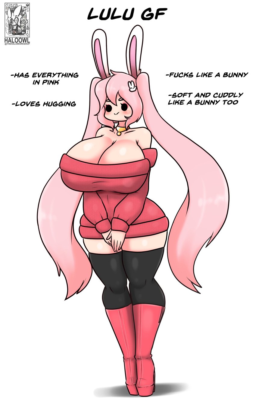 big_breasts black_stockings bunny_ear bunny_ears bunny_girl bunnygirl curvaceous curvy haloowl heel_boots heeled_boots high_heel_boots huge_breast huge_breasts hyper_breasts ideal_gf large_breast large_breasts lulu_(rabbit_lulu) massive_breasts original pink_hair red_sweater stockings sweater thick_thighs twintails voluptuous voluptuous_female