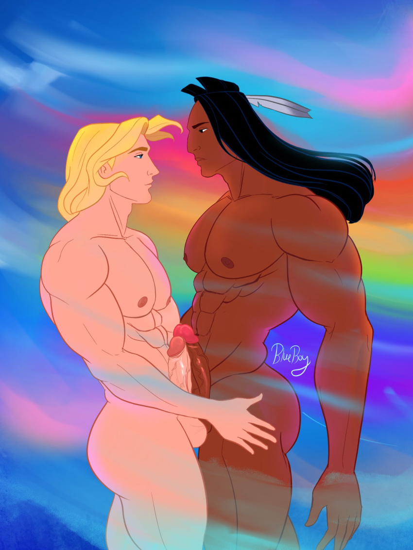 abs biceps big_chest big_pecs big_penis blueboybara boner bulging_biceps dark-skinned_male dark_skin disney erect_penis erection gay hard_on huge_chest huge_cock huge_pecs interracial john_smith kocoum lgbt_pride long_hair looking_at_each_other male male_only melanin muscles muscular muscular_male pecs pocahontas smooth_chest smooth_skin thick_thighs uncut veiny_penis