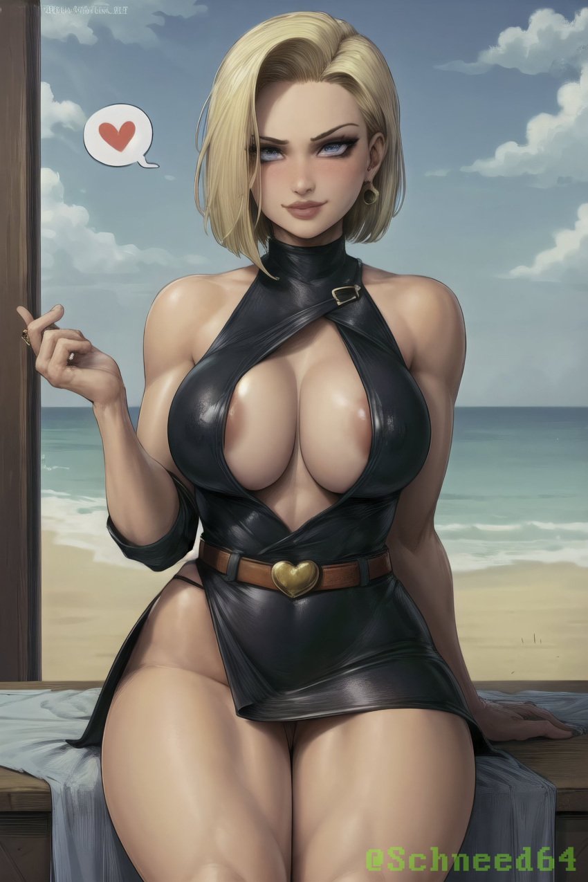 1girls ai_generated android_18 big_breasts blonde_hair blue_eyes curvaceous curvy_female curvy_figure dragon_ball dragon_ball_z erect_nipples female_focus huge_breasts nipple_bulge pink_nipples schneed64 short_hair solo_focus stable_diffusion voluptuous_female