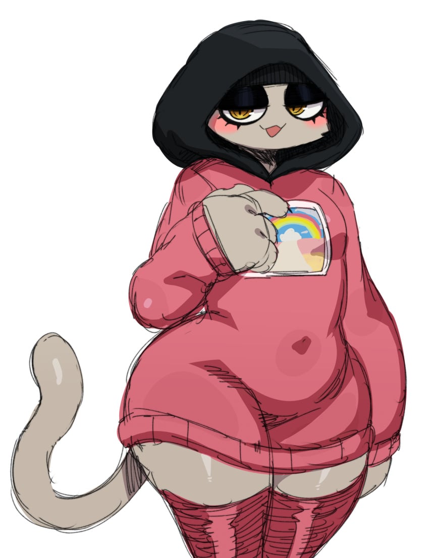 anthro blush bottomless calico_cat clothed clothing cloud_nine_(fortnite) domestic_cat epic_games felid feline felis female flat_chest flat_chested fortnite fur furry furry_only hi_res hoodie legwear looking_at_viewer looking_back mammal markings meow_skulls_(fortnite) multicolored_clothing open_mouth pear-shaped_figure pear_shaped pear_shaped_female pink_clothing pink_hoodie pink_topwear rainbow_clothing solo sssonic2 tail thick_thighs thigh_highs topwear white_body white_fur wide_hips yellow_eyes