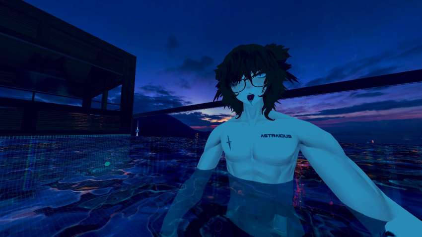 1boy 3d abs black_hair clouds cooling_off glasses horny looking_at_viewer muscle muscles muscular muscular_male nerdy(vr) pool tattoo tattoos tongue tongue_out vrchat water white_body