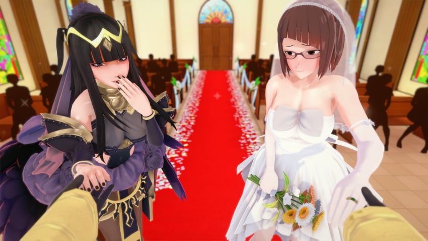 1boy 2girls 3d alternate_costume black_hair black_wedding_dress breasts bride cleavage covered_navel dume elbow_gloves female_only fire_emblem fire_emblem_awakening fire_emblem_heroes flower flowers glasses gloves indoors large_breasts long_hair male_pov miriel_(fire_emblem) multiple_girls nintendo official_alternate_costume pov red_hair robin_(fire_emblem) robin_(fire_emblem)_(male) short_hair strapless_dress tharja_(bridal)_(fire_emblem) tharja_(fire_emblem) wedding wedding_dress wedding_veil white_gloves wife