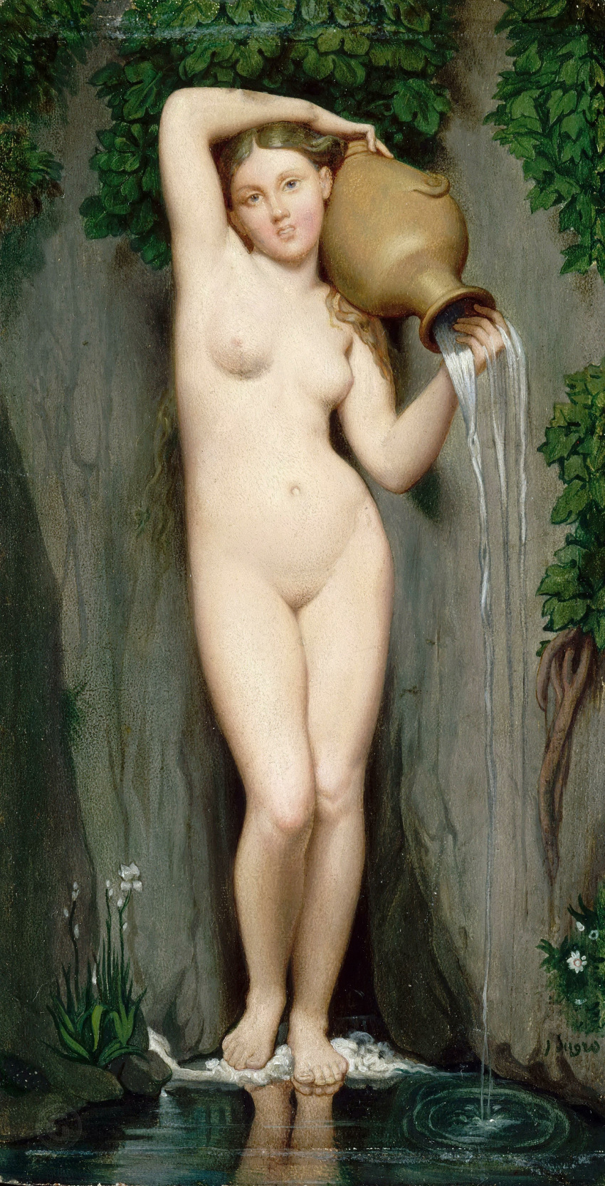 1800s 1girls alternate_version_available belly_button blonde_hair female female_only fine_art flower forest jean_auguste_dominique_ingres leaves_on_ground light-skinned_female light_skin medium_breasts nude nude_female public_domain pussy small_breasts standing standing_in_water the_source water