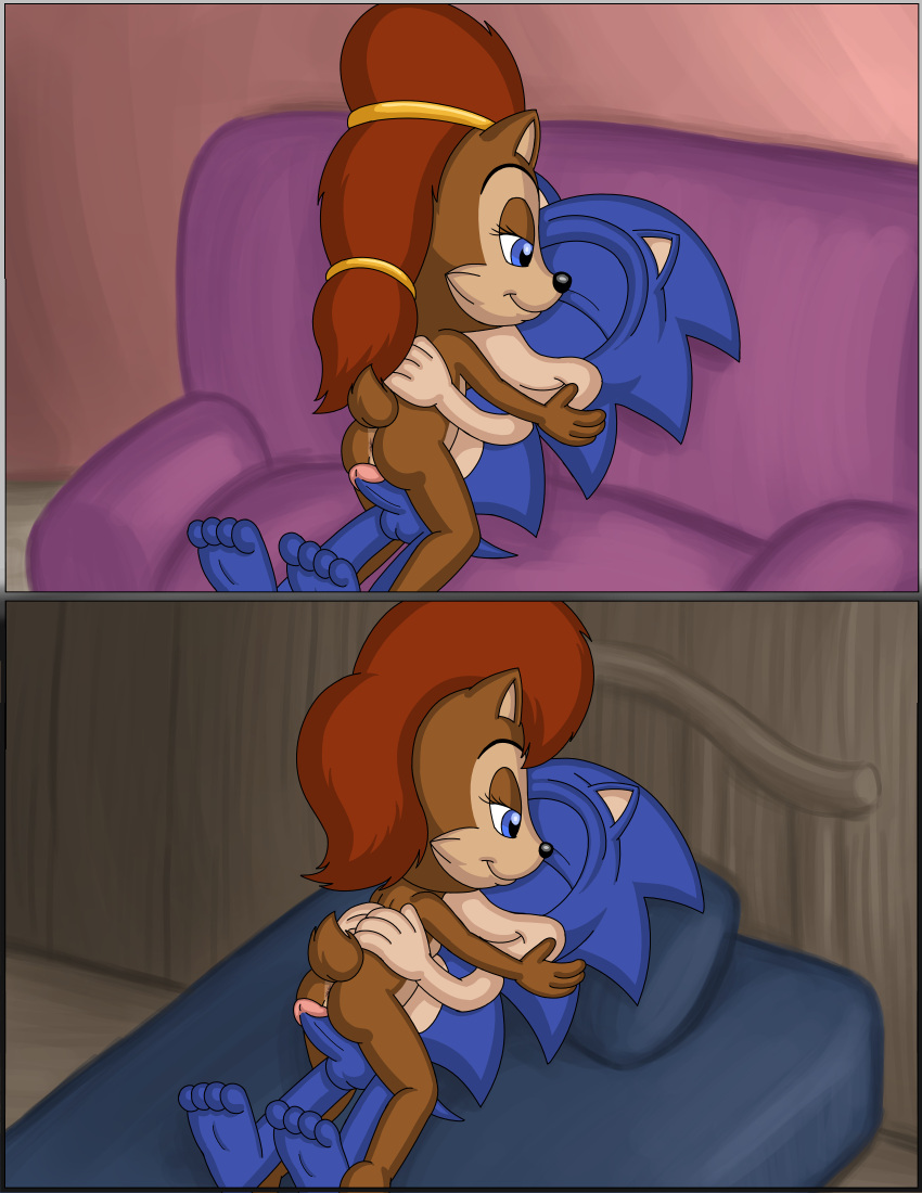 absurd_res anthro archie_comics barefoot comic duo embrace feet female female_on_top flat_chest genitals ground_squirrel hi_res male male/female mammal omatic on_top penis pussy rodent sally_acorn sciurid sega sonic_(series) sonic_the_hedgehog sonic_the_hedgehog_(archie) sonic_the_hedgehog_(comics) sonic_the_hedgehog_(series) whoreomatic young