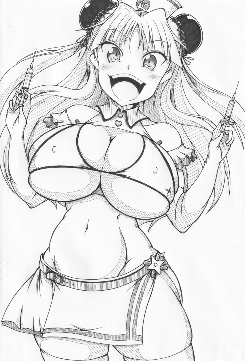 1girls ahoge arm_gloves bangs belt double_bun eyebrows_visible_through_hair female ha_jin hair_ornament hat huge_breasts long_hair midriff monochrome nipples renka_(senran_kagura) senran_kagura skindentation skirt smile solo standing syringe thick_thighs thighhighs