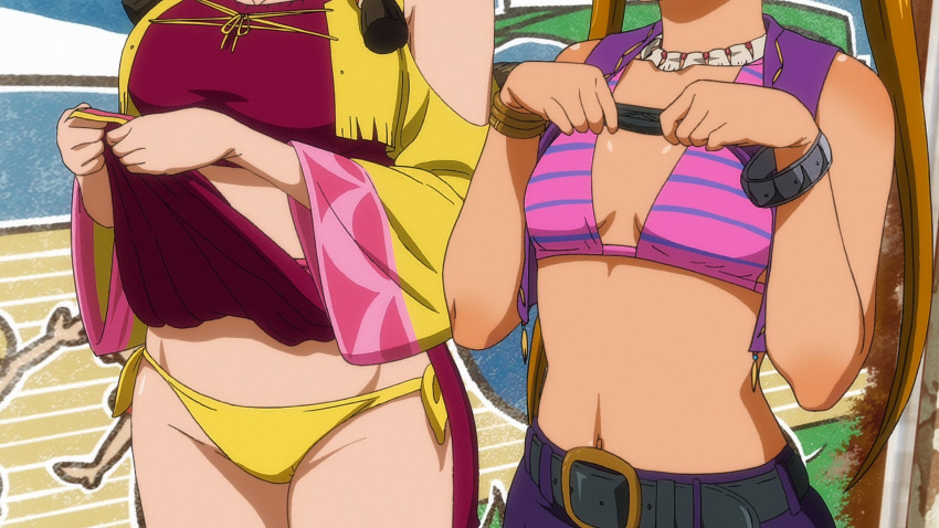 2girls big_breasts bikini breasts brown_hair busty cleavage close-up clothes_lift female female_only hi_res legs long_hair melty_(suisei_no_gargantia) multiple_girls navel saaya_(suisei_no_gargantia) screencap small_breasts suisei_no_gargantia thighs twintails voluptuous