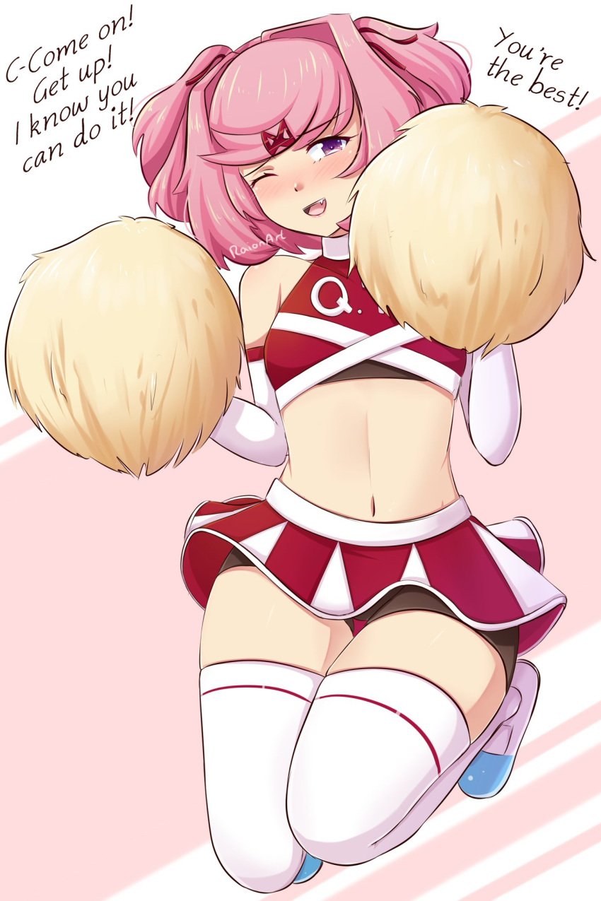 bare_midriff bare_navel blush cheerleader cheerleader_outfit cheerleader_uniform doki_doki_literature_club female female_focus female_only inspirational jumping natsuki_(doki_doki_literature_club) navel navel_line oerba_yun_fang one_eye_closed open_mouth pink_eyes pink_hair pom_poms raionart short_hair skirt skirt_up small_breasts smile smiling thick_thighs thighhighs thighs winking