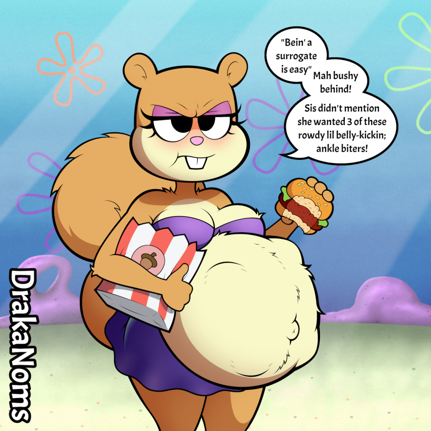 anthro big_belly bikini drakanoms eating eyeshadow fat fat_fetish female female_only fur furry killb00 krabby_patty nickelodeon popcorn pregnant sandy_cheeks spongebob_squarepants squirrel