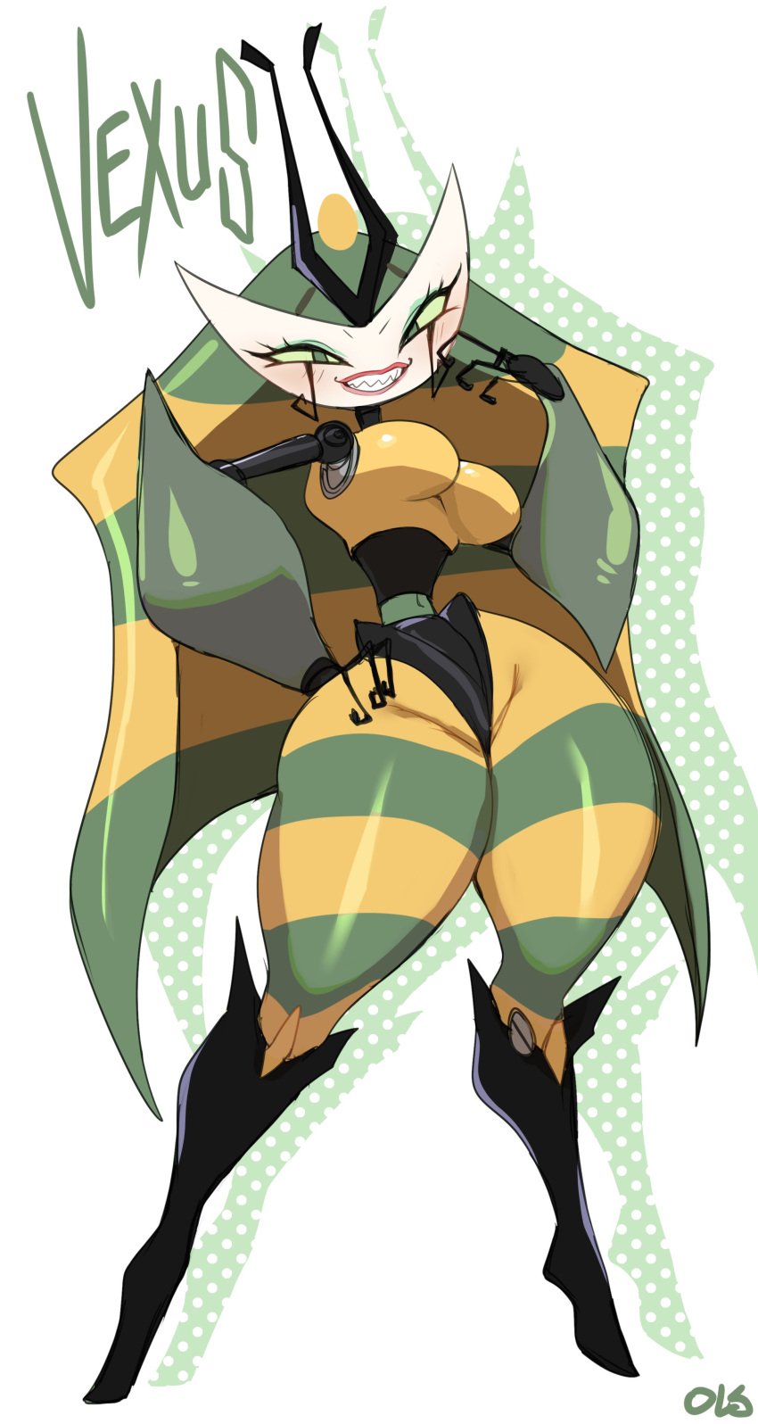 2022 2d blush breasts character_name digital_media_(artwork) eyelashes female female_only front_view green_eyes hand_on_hip lightsource looking_at_viewer milf my_life_as_a_teenage_robot nickelodeon queen robot robot_girl sharp_teeth smile smiling_at_viewer solo standing tagme thick_thighs vexus yellow_sclera