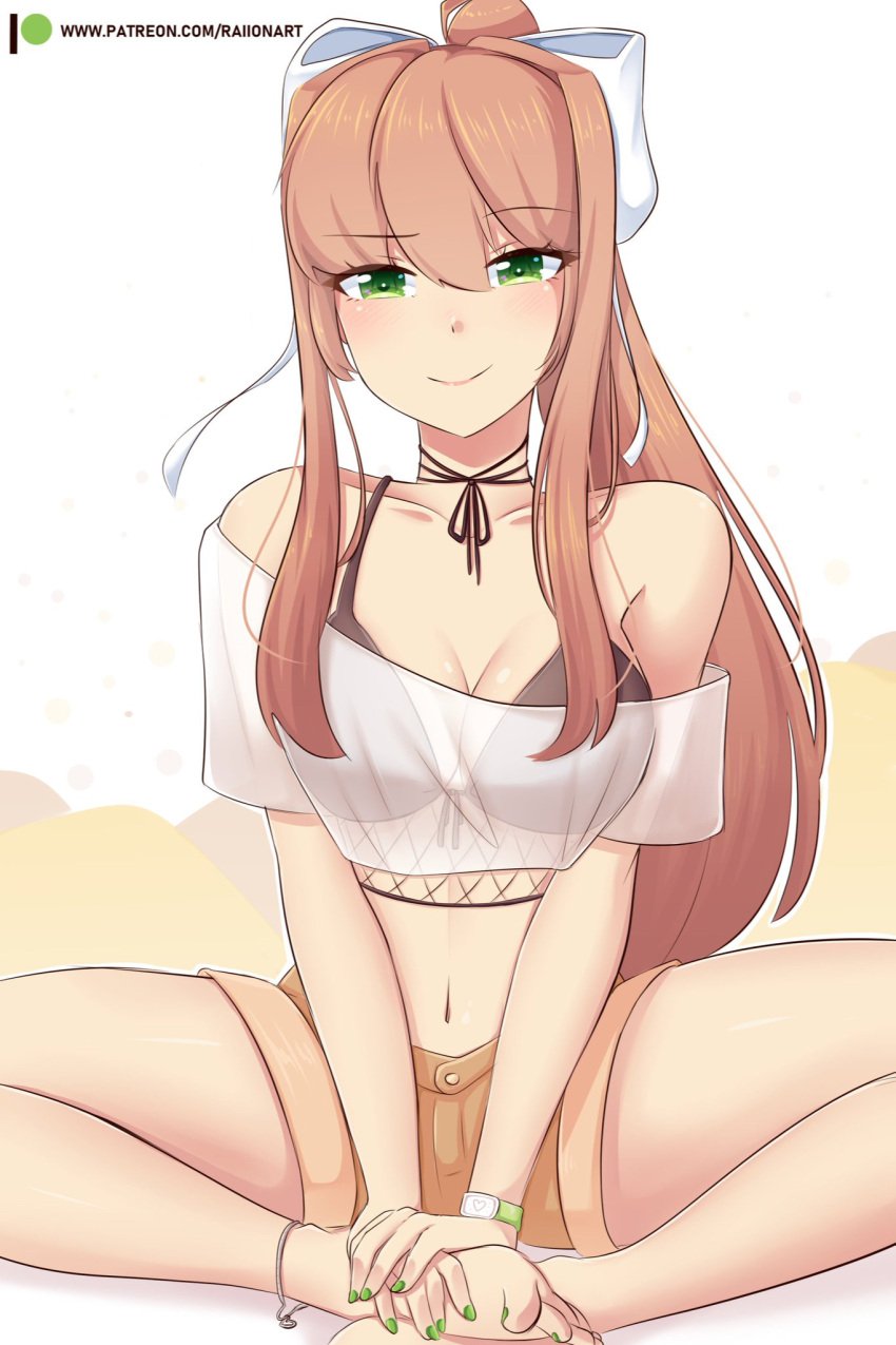 bare_legs bare_midriff bare_shoulders bare_thighs barefoot bow breasts brown_hair casual_clothes choker cleavage clothed clothing collarbone color crossed_legs doki_doki_literature_club feet_together female female_focus female_only fingernails grabbing_feet green_eyes green_nails hair_ornament hands_on_feet legs_apart legs_spread long_hair medium_breasts monika_(doki_doki_literature_club) nail_polish navel navel_line ponytail raionart see-through_clothing see-through_top short_shorts shorts sitting smile smiling thick_thighs thighs toenail_polish toenails wide_thighs