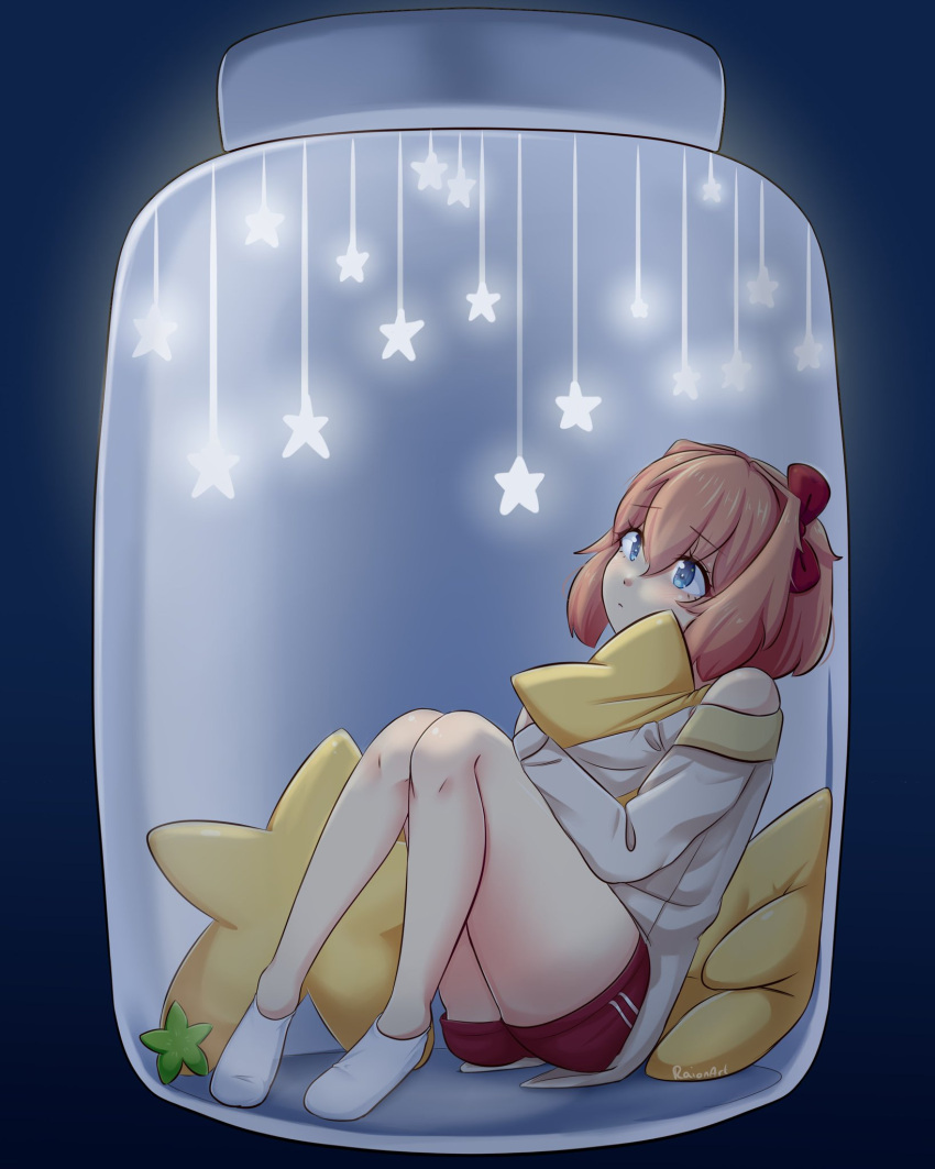 bare_legs bare_thighs blue_eyes bow brown_hair doki_doki_literature_club female female_focus female_only hairbow hugging hugging_pillow jar just_sayori knees_together_feet_apart pajamas raionart sayori_(doki_doki_literature_club) short_hair short_shorts shoulders sitting sleepwear socks star_pillow thick_thighs thighs wide_thighs