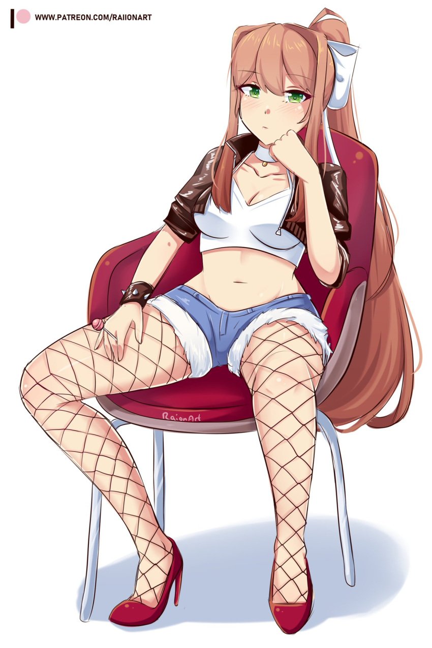 biker_clothes biker_girl biker_jacket blank_stare blush blush_lines bracelet breasts brown_hair choker cleavage collar collarbone doki_doki_literature_club female female_focus female_only fishnets green_eyes hand_on_head hand_on_thigh high_heels leather_jacket legs_apart legwear lollipop long_hair medium_breasts monika_(doki_doki_literature_club) navel punk punk_girl raionart short_shorts sitting spiked_bracelet spread_legs tank_top thick_thighs thighs wide_hips wide_thighs