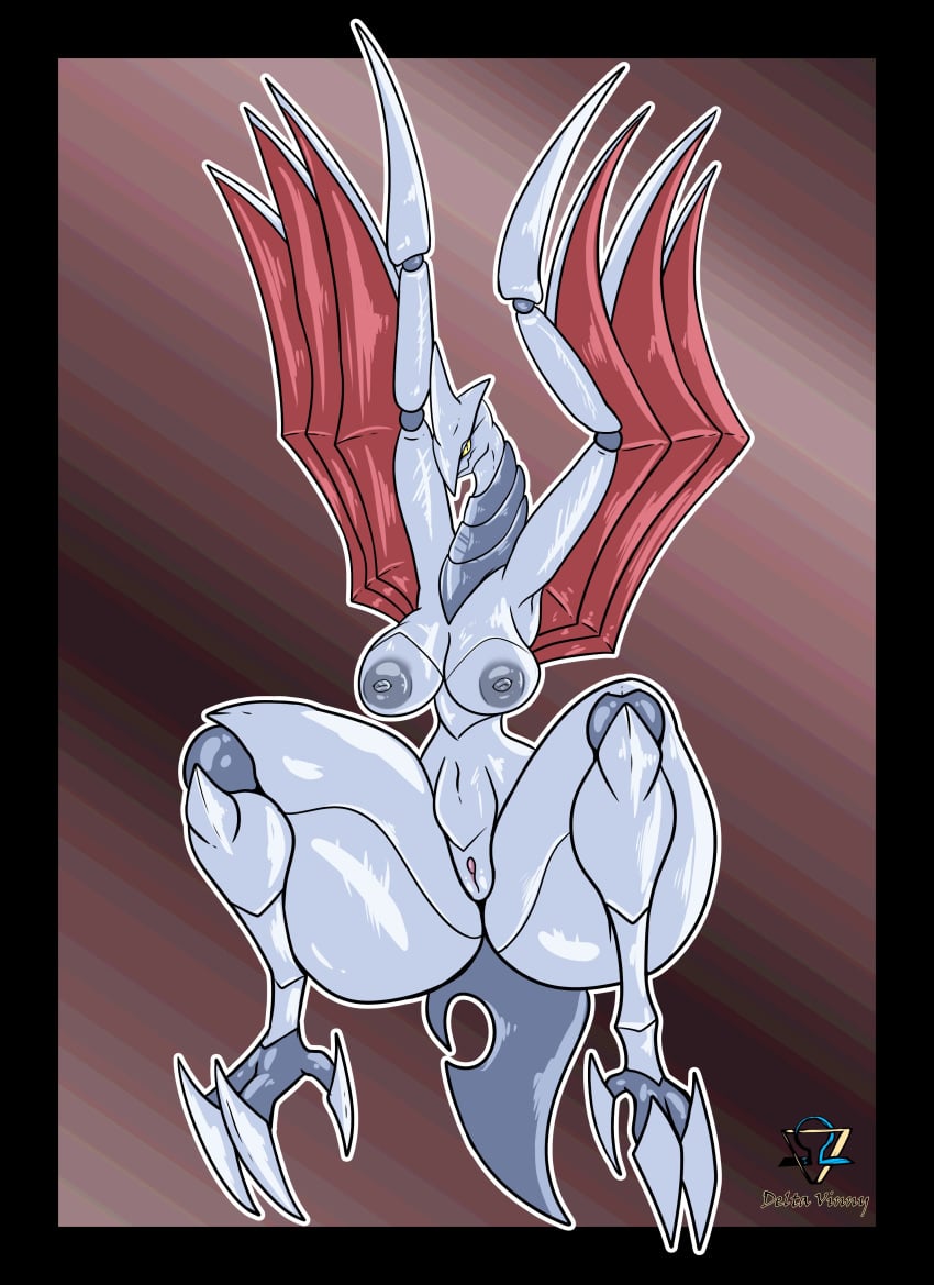 2023 absurd_res anthro armor ass avian big_breasts big_butt bird blade blades breasts curvy_figure deltavinny female flying generation_2_pokemon genitals gradient_background grey_body hanging_breasts hi_res nintendo pokemon pokemon_(species) pussy signature simple_background skarmory small_waist solo spikes spread_wings tail_blade talons thick_thighs weapon_tail wide_hips wings yellow_eyes