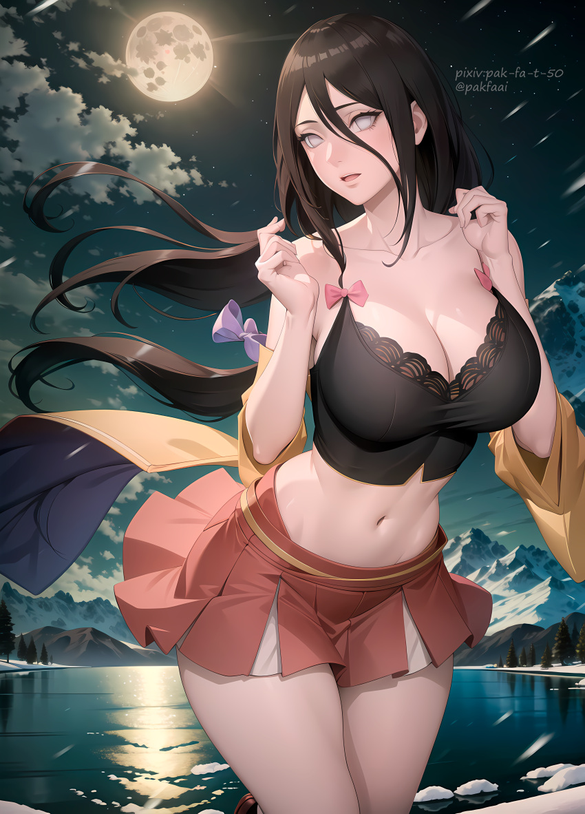 1girls ai_generated big_breasts boruto:_naruto_next_generations bra breasts brown_hair byakugan cleavage curvaceous female female_only full_moon hyuuga_hanabi lake lavender_eyes miniskirt moon naruto naruto_(series) night outdoors pak-fa-t-50 partially_submerged pinup skirt smile solo solo_focus stable_diffusion topless underwear water