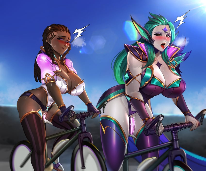 2023 2girls badcompzero big_breasts bike biker_clothes biker_girl blush brown_hair clothed clothed_female dark-skinned_female dark_skin dildo dildo_in_pussy dildo_riding ekko excercise female female_only genderswap genderswap_(mtf) green_hair league_of_legends league_of_legends:_wild_rift multiple_girls open_mouth pale-skinned_female pale_skin purple_eyes rakan rule_63 sex_toy star_guardian_ekko star_guardian_rakan star_guardian_series tagme thick_thighs thighhighs tongue tongue_out yellow_eyes