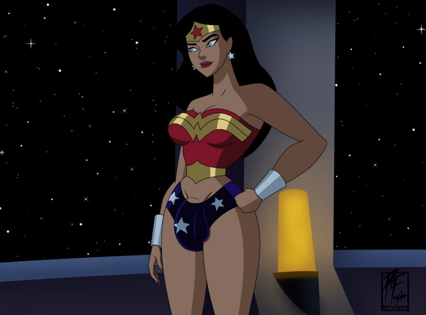 1futa 2020 balls big_penis black_hair breasts bulge clothed clothing dc_comics flaccid futa_only futanari human light-skinned_futanari light_skin long_hair mostly_clothed penis penis_peek retrofaptor solo standing wonder_woman wonder_woman_(series)