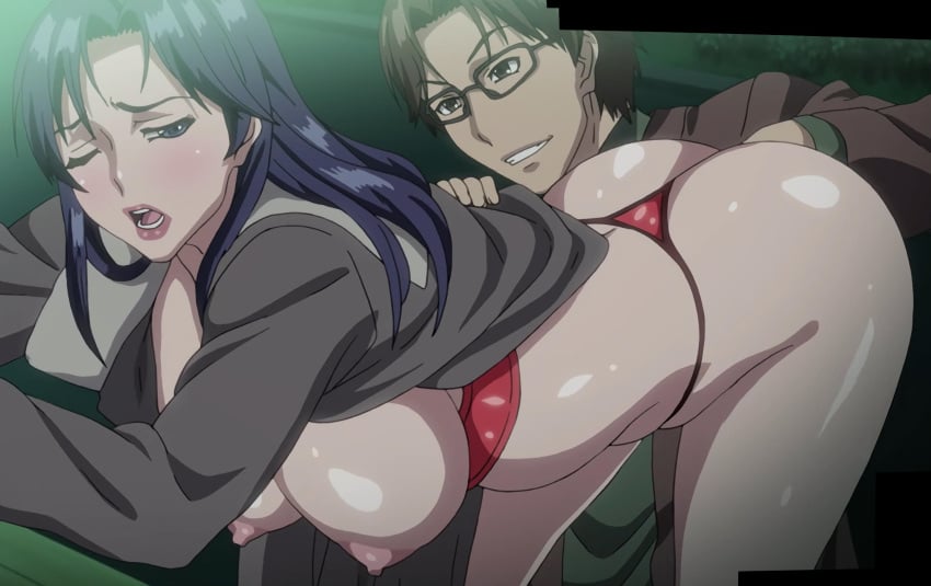 1boy 1girls areolae ass blue_eyes blue_hair breasts brown_hair glasses ishida_yumi large_ass large_breasts lingerie looking_back mesu_saga:_persona nipples one_eye_closed outdoors puffy_nipples screencap straight tagme thick_thighs thighs