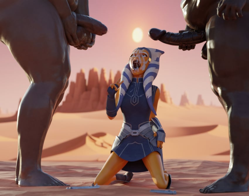 1girls 2boys 3d ahsoka_tano airress3d_(3d-modeller) alien alien_girl alien_humanoid arm_up armwear background ball_grab balls barefoot big_balls big_penis blue_clothing blue_eyes bodily_fluids boots bukkake clone_wars cum cum_on_body cum_on_face dark-skinned_male dark_skin desert dress evening eyes feet female fingerless_gloves footwear genitals gesture gildagriffon gloves hand_on_hip head_up headband headgear holding_balls horn humanoid interracial interspecies kneeling larger_male lightsaber lightsaber_hilt long_gloves looking_at_another looking_up male melee_weapon mmf_threesome mountain multiple_boys on_ground open_eyes open_mouth orange_body overweight overweight_male penis sand science_fiction shoes short_dress side_view size_difference sleeveless smaller_female standing star_wars straight sun sunset sword tentacle tentacle_hair the_clone_wars:_season_seven threesome togruta trio unseen_male_face v_sign vambraces weapon