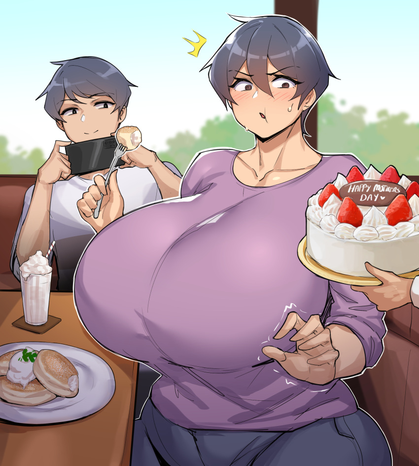 1girls ban_(natedecock) big_breasts breasts busty cake eating food gigantic_breasts huge_breasts milf mother mother's_day mother_and_son natedecock natsumi_(natedecock) photographing photography very_short_hair wholesome