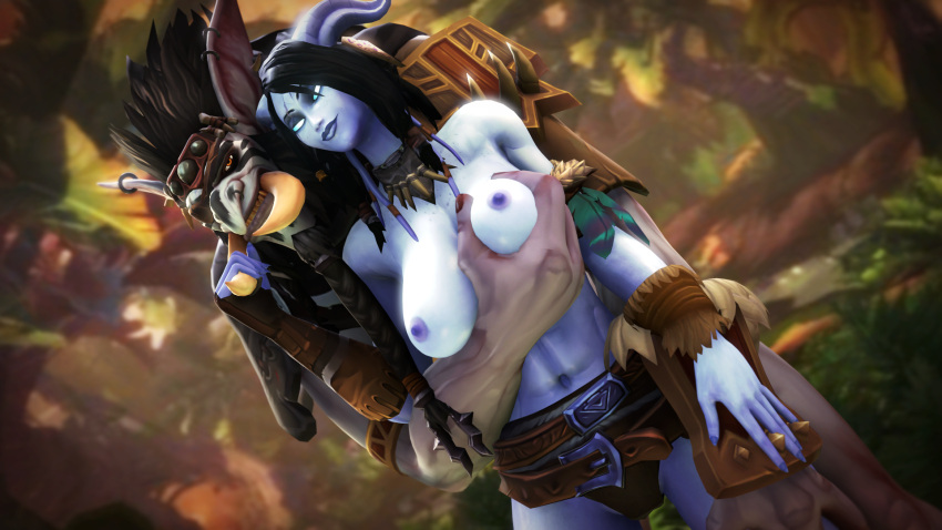 1boy 1girls 3d black_hair blizzard_entertainment blue_skin bombowykurczak breast_grab draenei interspecies neela_(thegworks) original_character troll troll_(warcraft) warcraft world_of_warcraft