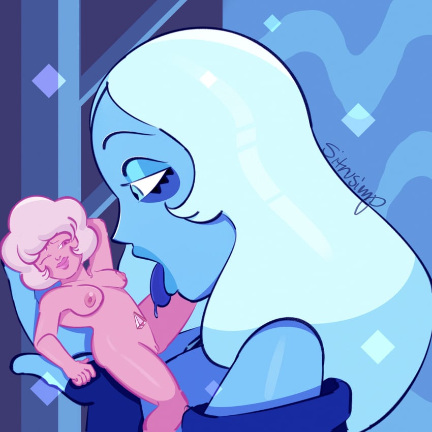 blue_body blue_diamond_(steven_universe) cartoon_network diamond_authority exposed_breasts gem_(species) giantess pink_body pink_diamond_(steven_universe) saliva saliva_drip sitrusimp size_difference smaller_female steven_universe tongue_out