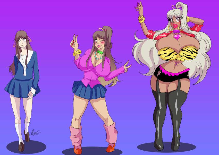 bimbo bimbofication female fruits_basket gradient_background gyaru hair_color_change hair_growth high_heels large_ass large_breasts lips lufidelis navel purple_background tan thick_thighs thigh_expansion tohru_honda transformation transformation_sequence wide_hips