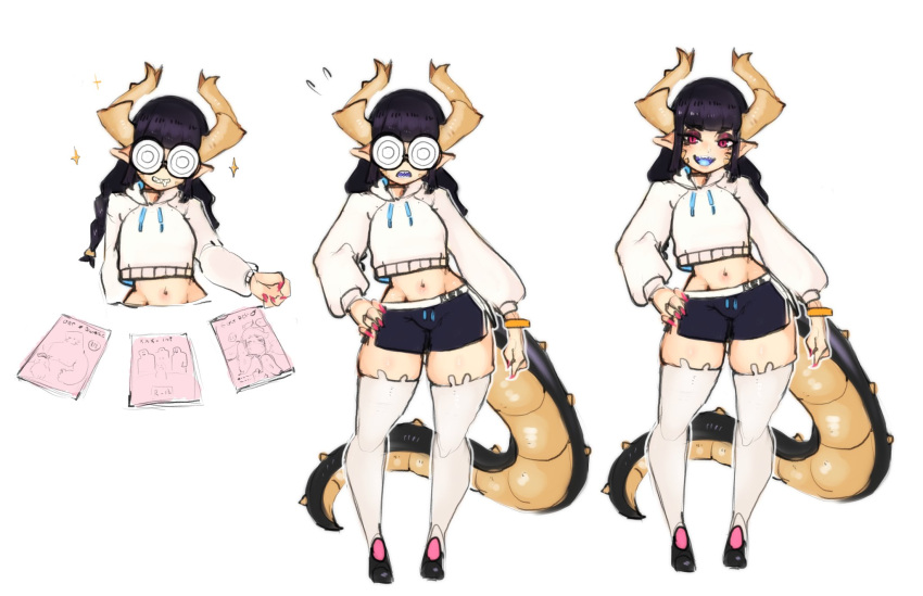 1girls @_@ black_hair book character_request curvy full_body game_controller glasses horns jacket model_sheet navel pointy_ears red_eyes saitomoriyama sharp_teeth shoes shorts smile tail thighs white_background