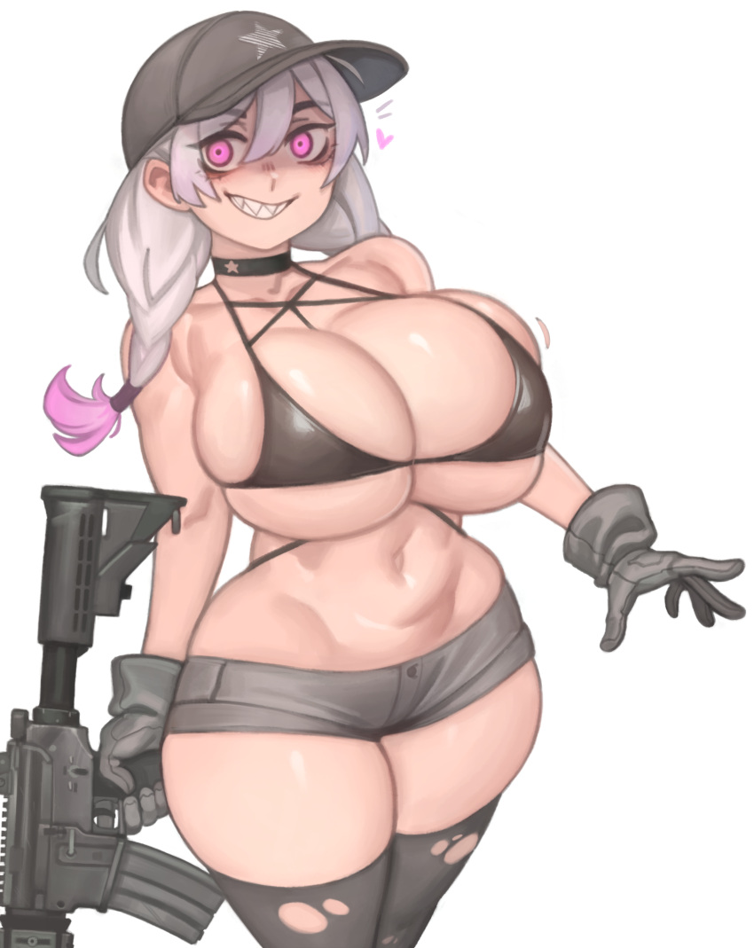 1girls assault_rifle black_legwear booty_shorts braided_hair breasts cap female gloves grin gun hat hips huge_breasts kelvin_hiu long_hair m4a1 original original_character purple_eyes rifle short_shorts shorts skimpy thick_thighs thighhighs thighs twin_braids violet_(kelvin_hiu) white_hair wide_hips