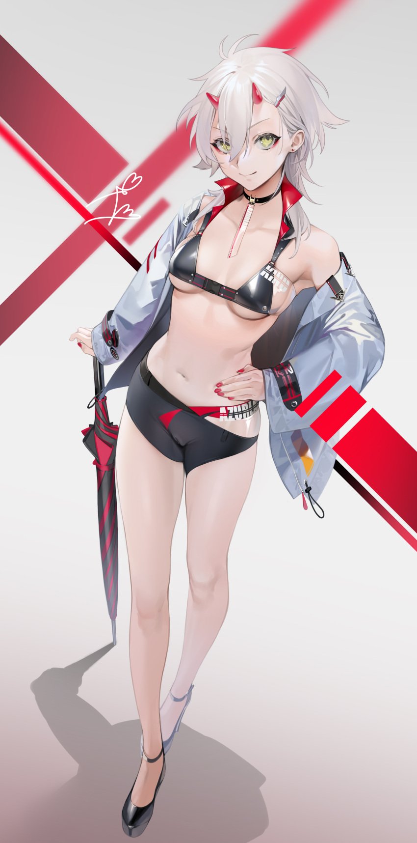 1girls azur_lane bikini black_bikini black_shorts black_swimsuit blue_jacket breasts choker earrings female female_only fully_clothed hair hand_on_hip high_heels holding_umbrella horns jacket jacket_partially_removed kinu_(azur_lane) looking_at_viewer medium_breasts medium_hair midriff navel ohisashiburi painted_fingernails race_queen revealing_clothes shorts skimpy_clothes swimsuit umbrella white_hair yellow_eyes