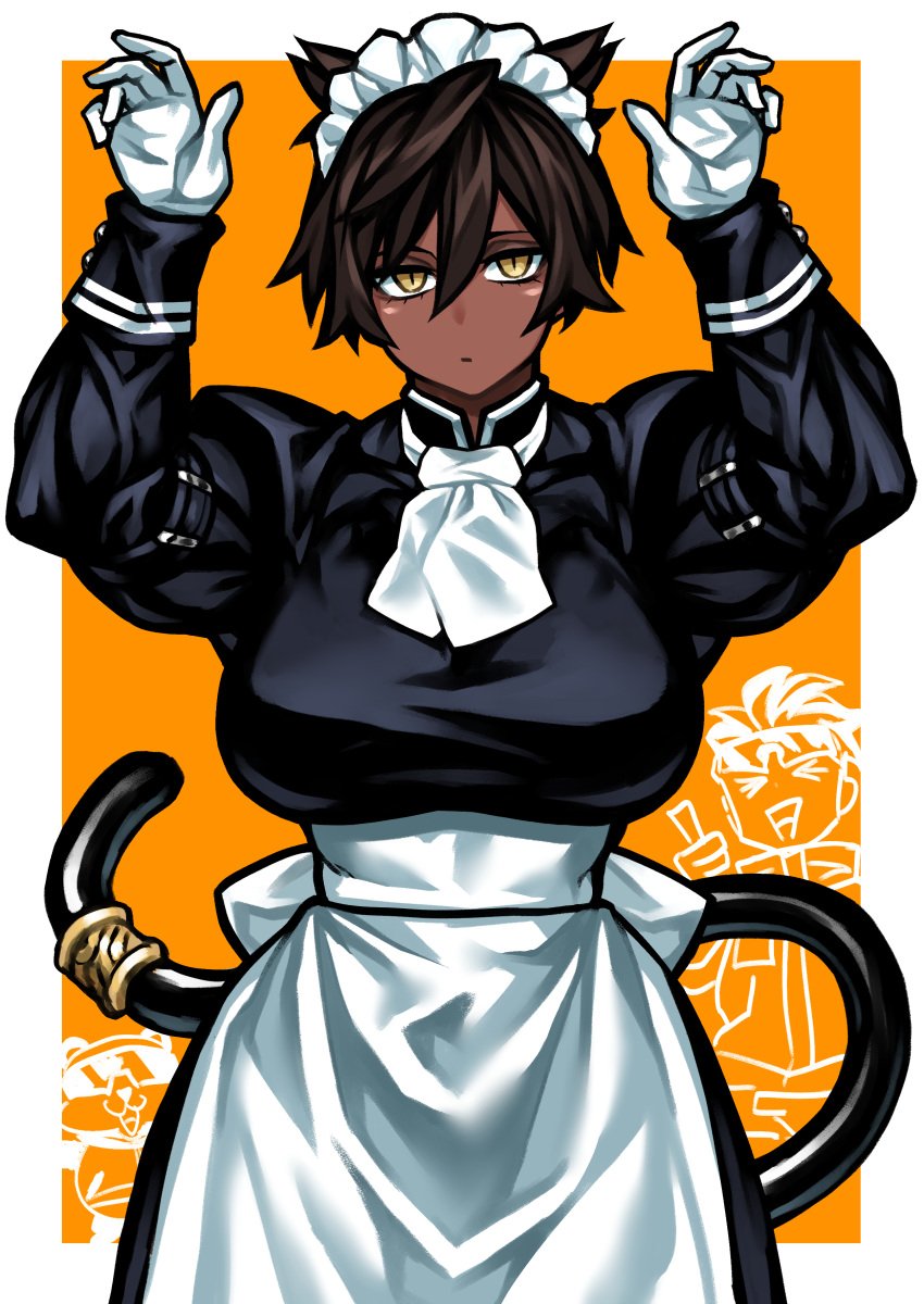 arms_up biceps big_breasts blank_stare cat_ears cat_tail catgirl dark-skinned_female dark_hair dark_skin maid maid_headdress maid_uniform mao_(yuto_noirm08) muscular muscular_arms muscular_female original short_hair yuto_noirm08