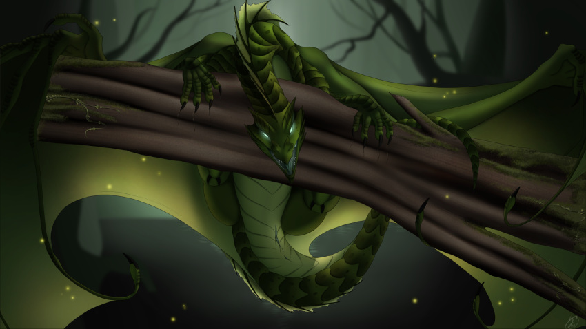 2022 anus dragon dragon_(dnd) dungeons_and_dragons female feral front_view genitals glowing glowing_eyes green_body green_dragon_(d&d) green_scales hasbro hi_res membrane_(anatomy) membranous_wings nude plant pussy scales scalie skyebold solo spread_wings tree western_dragon wings wizards_of_the_coast