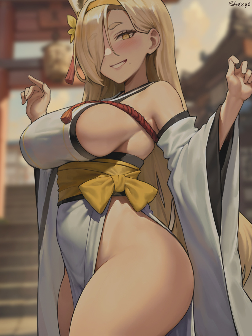 1girls allied_hyakkiyako_academy_student beauty_mark big_breasts blonde_hair blue_archive breasts female fox_girl hair_over_one_eye kaho_(blue_archive) kitsune long_hair shexyo shrine_maiden sideboob smile thick_thighs thighs yellow_eyes yin-yang_club_(blue_archive)